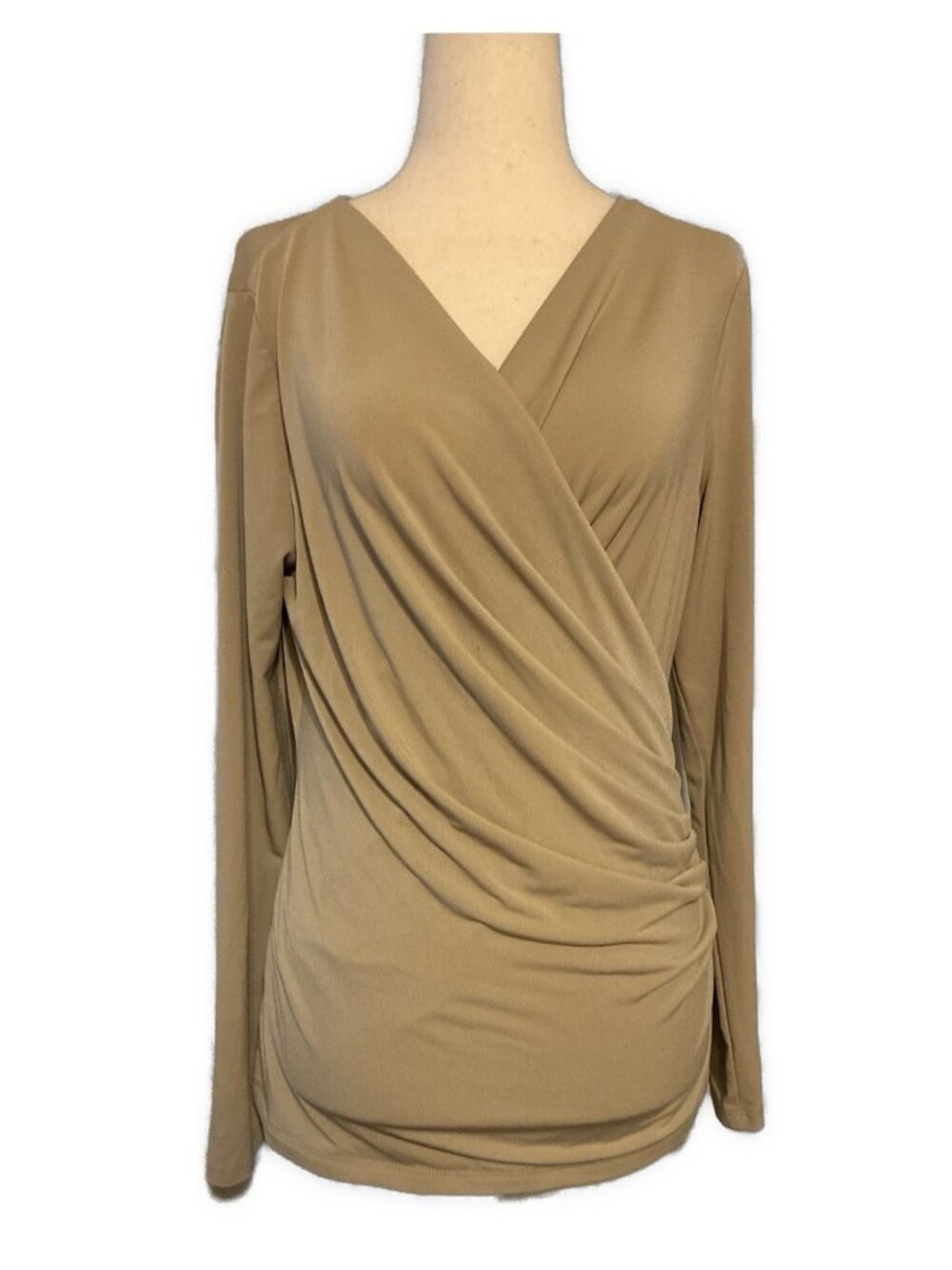 Calvin Klein Solid Beige Taupe Ruched Wrap V Neck Long Sleeve Top Small
